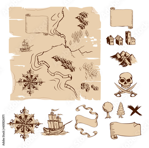 Example map and design elements to make your own fantasy or treasure maps. Includes mountains, buildings, trees, compass etc.
