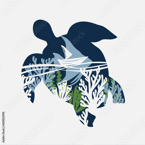 Cute turtle silhouette with sailboat 3D layered paper cut style. Ocean animal vector illustration. Fish silhouette Shadow box eps. Vector layout template for greeting card, poster, invitation