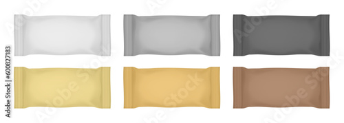 Set of white, silver, gold, black and brown flow packs. Chocolate bar or ice cream wrapper. Silver foil bag. Realistic 3d mockup of a cookie snacks. Pouch