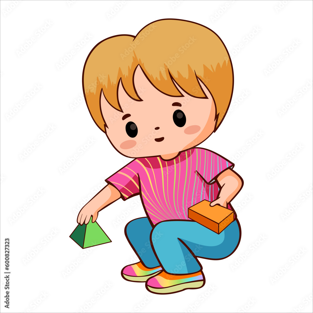 Cute kawaii boy in bright clothes plays with cubes