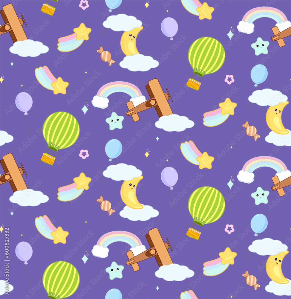 Fototapeta premium Cute cheerful kawaii cartoon background with emotional adorable moon, stars, rainbows, comets, airplanes and hot air balloon