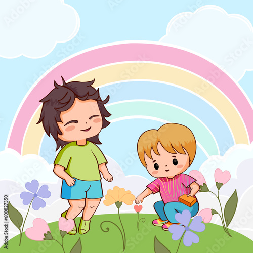 Cute playing jumping children in cartoon style on the background of the rainbow and the sky, in a meadow with flowers world children's day