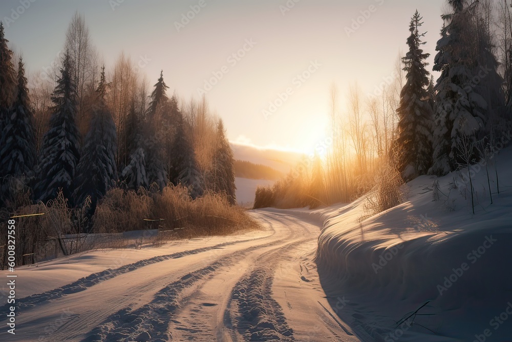 Snowy and frozen mountain road in winter landscape. Generative Ai. Snowy and frozen mountain road in winter landscape. Generative Ai.