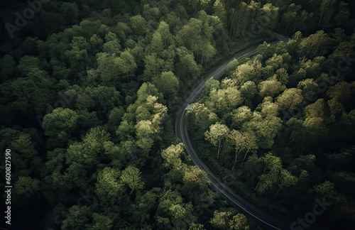 Top view of green forest landscape wallpaper art. Aerial nature scene of pine trees and asphalt road banner design. Countryside path trough coniferous wood form above. Generative Ai.