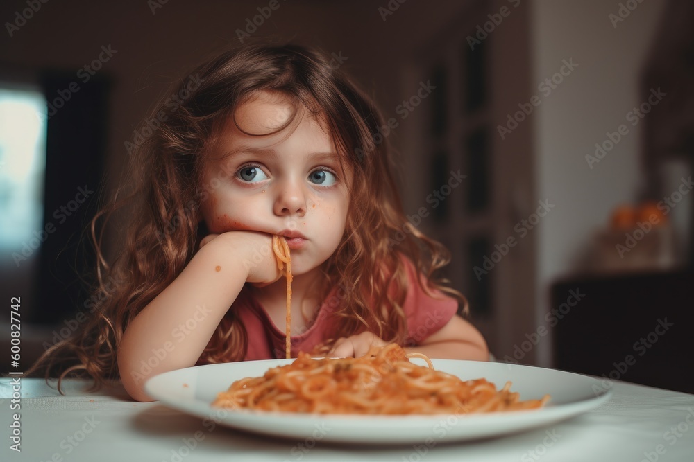 Portrait little girl eating bolognese spaghetti. Ai generative. Portrait little girl eating bolognese spaghetti. Ai generative.