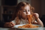 Portrait little girl eating bolognese spaghetti. Ai generative.