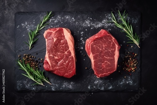Image of two raw steaks on a slate plate with rosemary, captured by an AI generative camera