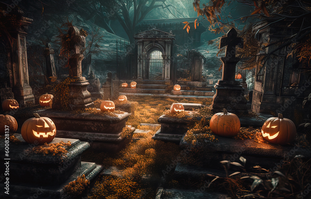 Halloween background with pumpkins and cemetery. generative ai