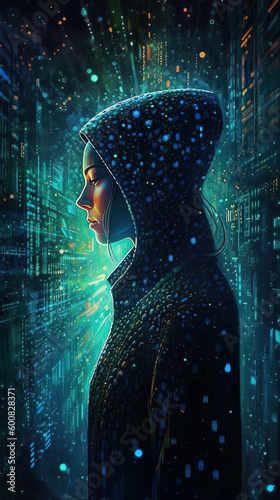 Hacker, villain hacker silhouette in dark nebula digital maze, labyrinth with billions glowing elements and connections, Generative AI digital art