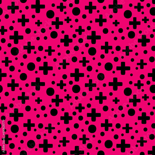 Many small geometric shapes in doodle style on the pink background. Seamless pattern with black element.