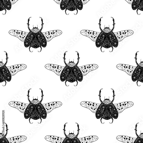 Beautiful beetle with flowers by ink. Seamless pattern with cartoon element