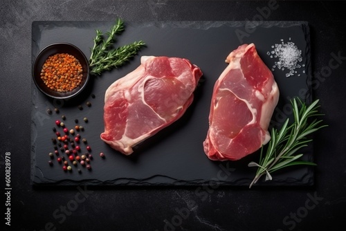 Enjoy the unique flavors of two pheasant raw steaks cut in the style of dark white and light crimson with herbs, British quality all made by AI Generative