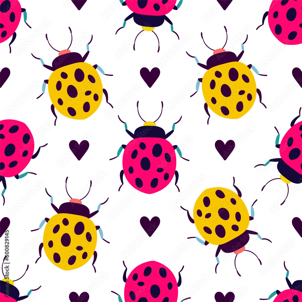 Fototapeta premium Bright and cute ladybugs with black hearts on the white background. Seamless pattern with cartoon elements.