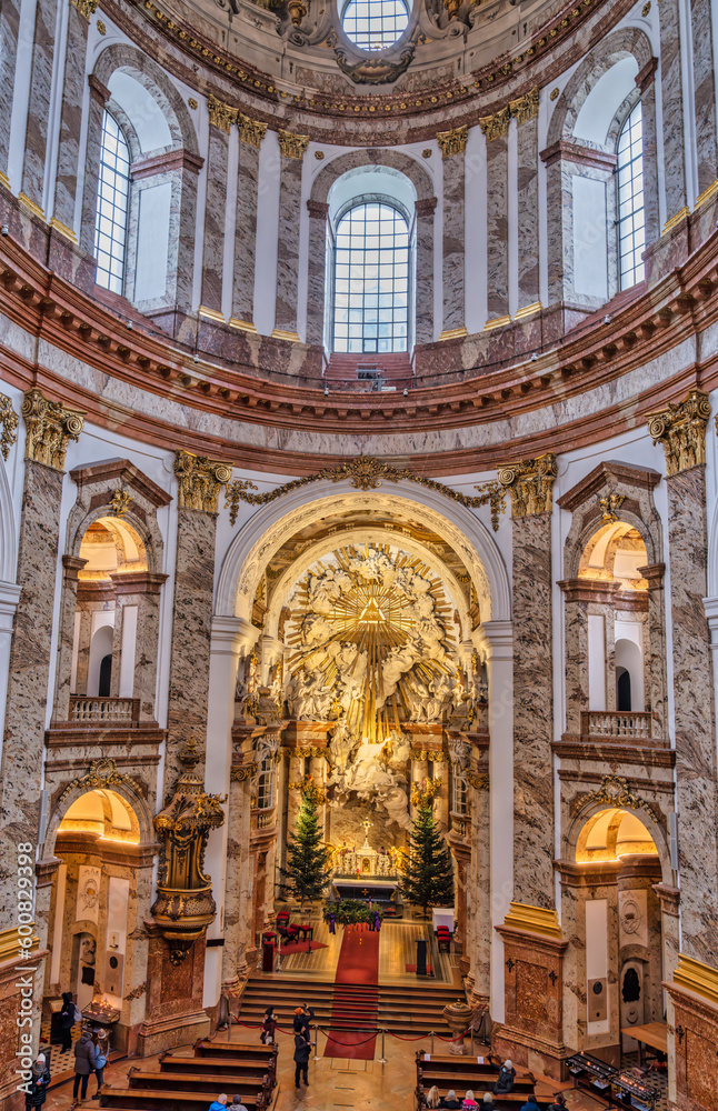 Vertical shot of Karlskirche church interior, a historic Baroque church in Karlsplatz in Vienna, Austria