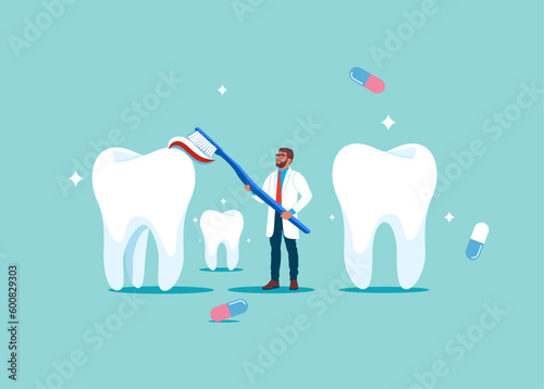 Dentist Care of  tooths with Toothbrush. Dental Clinic Concept. Dental care. Flat Vector Illustration