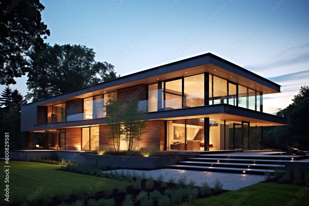 Beautiful contemporary villa with pool and garden at blue hour, generative ai Beautiful contemporary villa with pool and garden at blue hour, generative ai