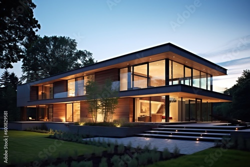 Beautiful contemporary villa with pool and garden at blue hour  generative ai