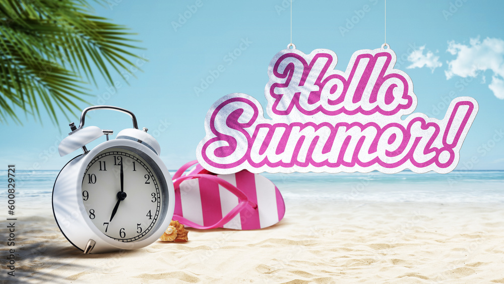 Hello Summer sign with alarm clock - obrazy, fototapety, plakaty 
