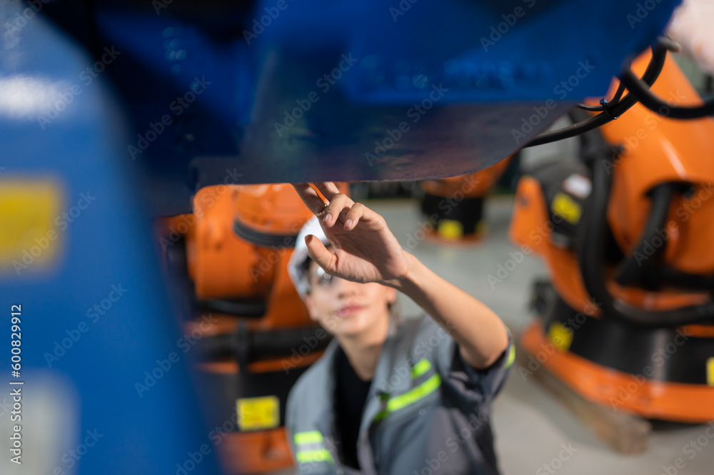 A female engineer installs a program on a robotics arm in a robot warehouse. And test the operation before sending the machine to the customer.