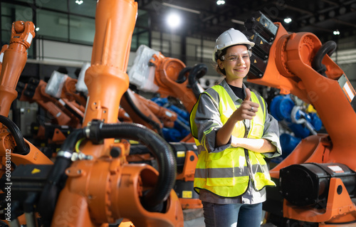 Portrait of female engineer with the mission of auditing, testing, improving software and calibrating robotics arm.