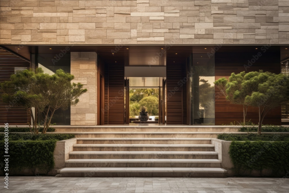 Obraz premium Building's sleek, minimalist design incorporated natural elements such as wood and stone, creating a harmonious blend of modernity and nature. Generative AI