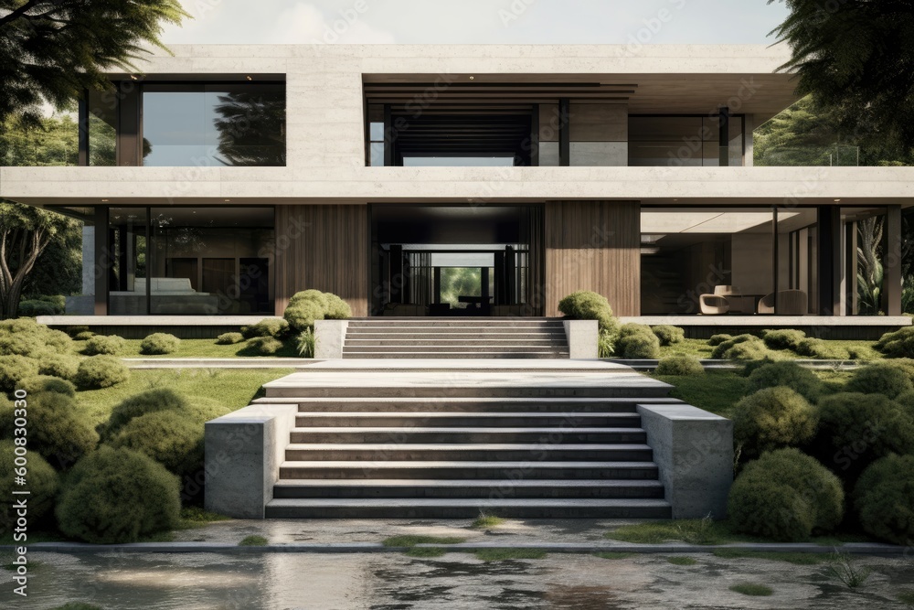 Building's sleek, minimalist design incorporated natural elements such as wood and stone, creating a harmonious blend of modernity and nature. Generative AI