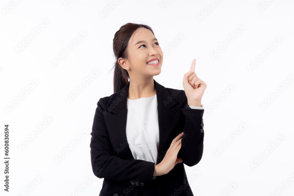 Portrait young asian business woman pointing and presenting isolated on white background, advertising and marketing, executive and manager, businesswoman confident showing something with expression. Portrait young asian business woman pointing and presenting isolated on white background, advertising and marketing, executive and manager, businesswoman confident showing something with expression.