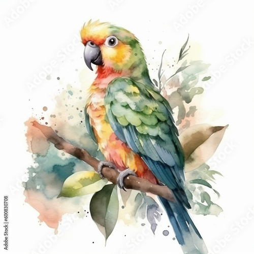 watercolor parrots, tropical birds,  on  isolated white background, watercolor illustration