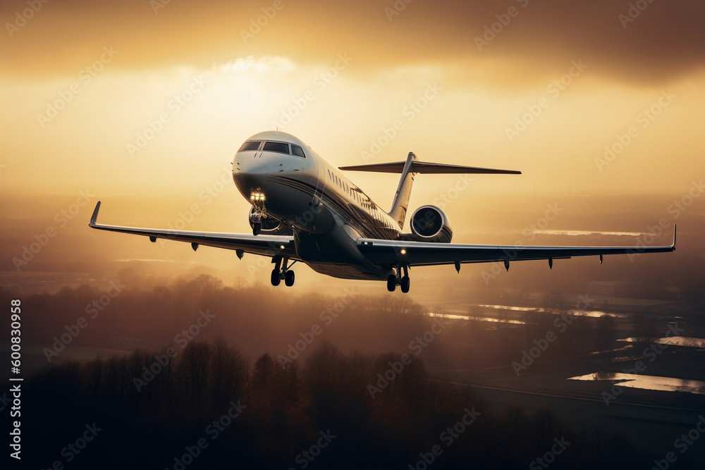 Private jet view during flight on air with orange sky at sunset