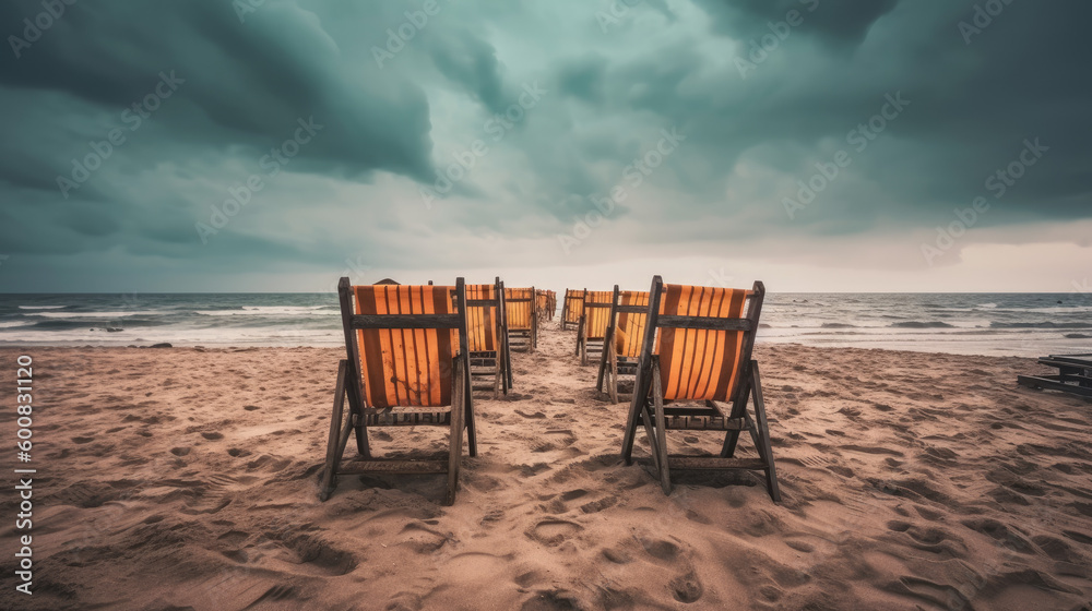 A group of beach chairs left at a sandy beach during stormy weather A group of beach chairs left at a sandy beach during stormy weather