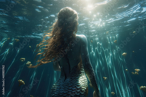 A black skinned mermaid with dark hair floating under the water. Generative AI
