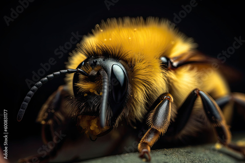 The bee with the pollen on its head and legs. A striking macro shot. Generative AI © barmaleeva