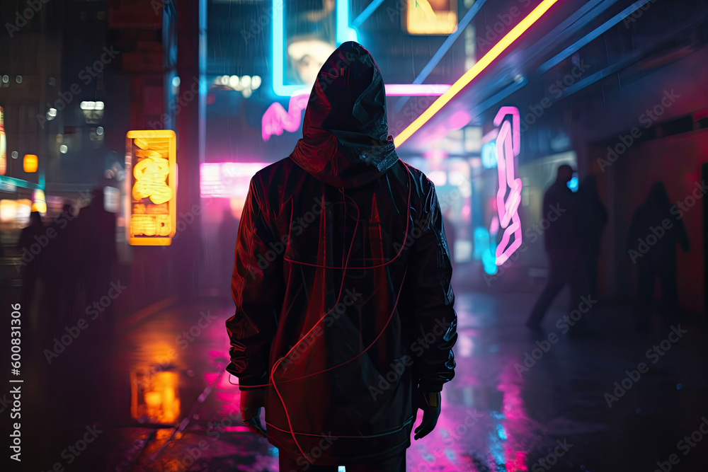 A man stands in a cyberpunk city. Empty street with bright neon lights reflecting in a water. Generative AI A man stands in a cyberpunk city. Empty street with bright neon lights reflecting in a water. Generative AI