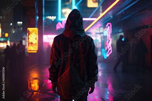 A man stands in a cyberpunk city. Empty street with bright neon lights reflecting in a water. Generative AI