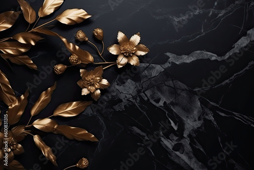 The marble texture in black and gold colors with golden flowers. Luxurious design. Generative AI