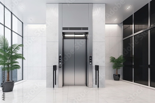Interior view of a modern elevator. Office or modern hotel hallway, empty lobby interior. Generative AI