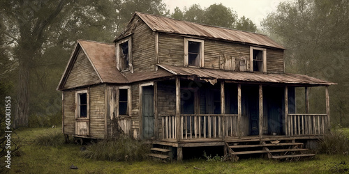 An old abandoned broken wooden house in the middle of the forest like a scene from a western movie. Concept of horror with ghosts. Generative AI. photo