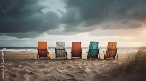 A group of beach chairs left at a sandy beach during stormy weather © Franziska
