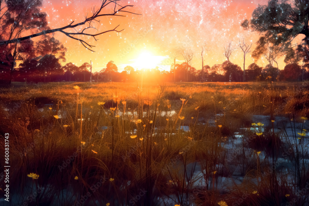 A grassy field with sun rays passing through it, bokeh lights. Generative Ai. A grassy field with sun rays passing through it, bokeh lights. Generative Ai.