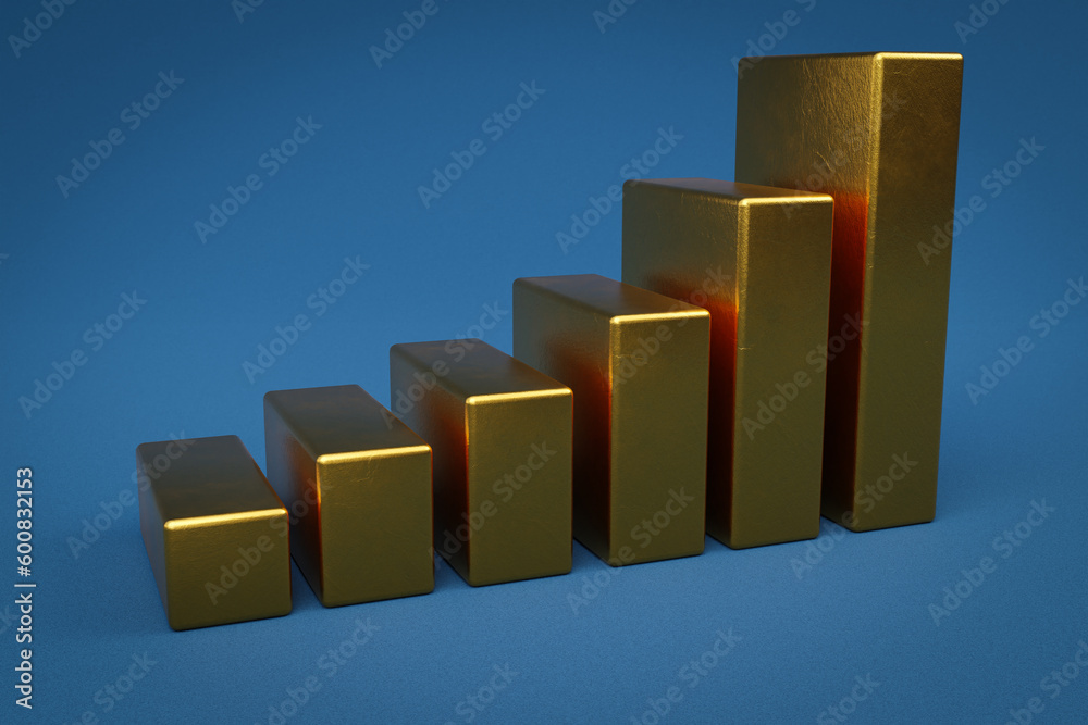 gold metal cubes stair raising graph in a row; infinite colorfull background; 3D Illustration gold metal cubes stair raising graph in a row; infinite colorfull background; 3D Illustration