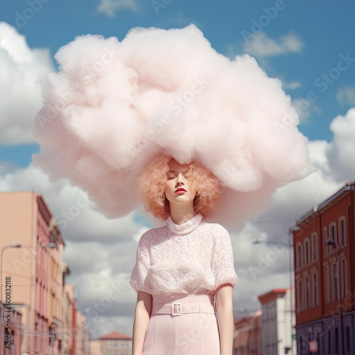 A beautiful girl with a cloud on her head stands on a sunny street and enjoys a lovely day. Generative AI.