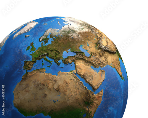 High resolution satellite view of Planet Earth, focused on Europe, Eurasia, Middle East, North Africa - 3D illustration, elements of this image furnished by NASA.