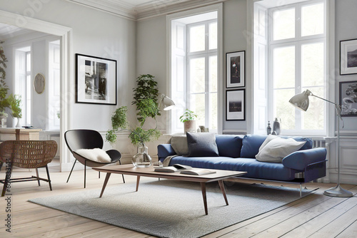 Dark blue sofa and recliner chair in scandinavian apartment. Interior design of modern living room. Created with generative AI