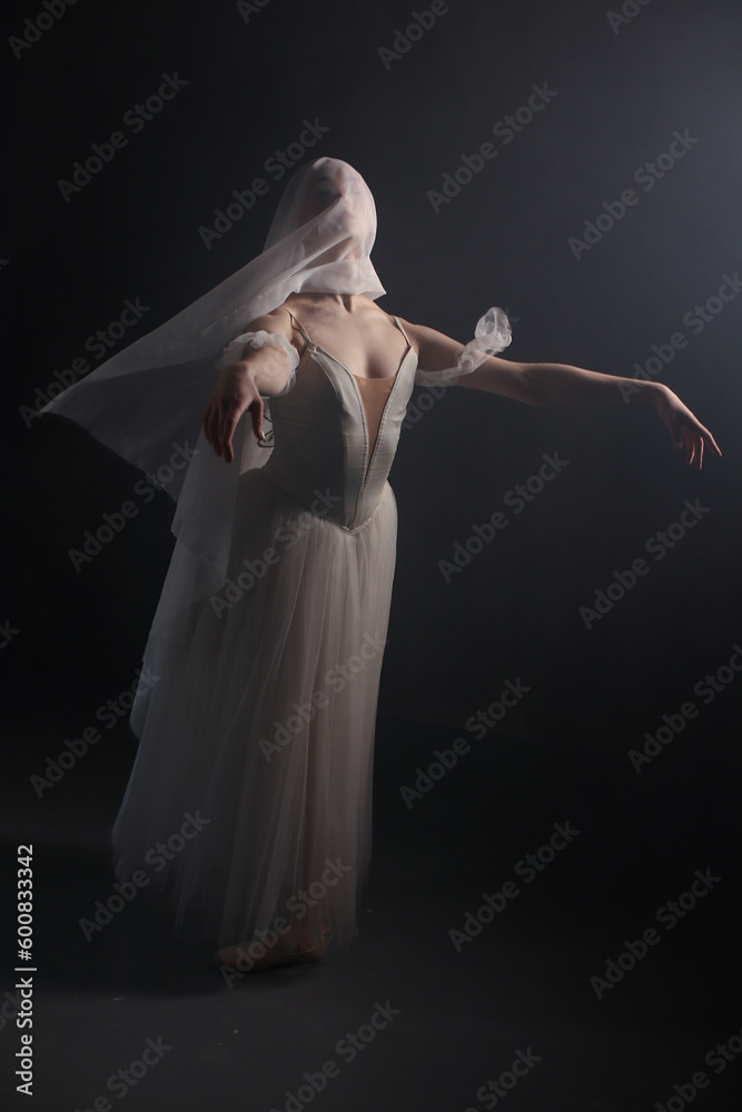 Naklejka premium Professional ballerina dancing ballet.Ballerina in a white dress and pointe shoes. Dark background. Veil. Scene. Performance
