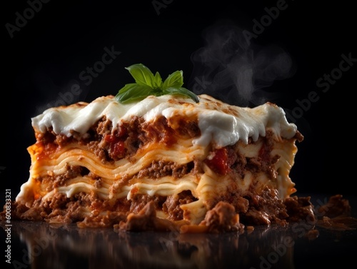 lasagna dish with layers of pasta, meat sauce, ricotta cheese, and melted mozzarella