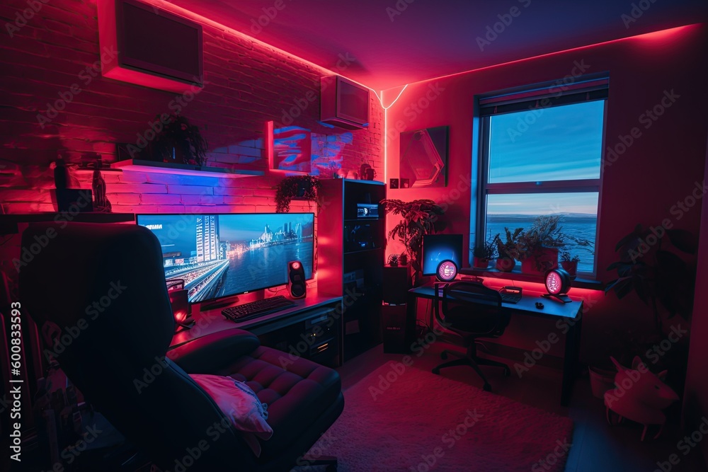 Modern gamer room with neon lights, created with AI, AI, generative AI Modern gamer room with neon lights, created with AI, AI, generative AI