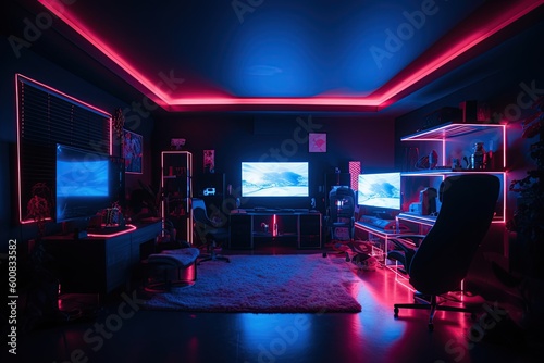 Modern gamer room with neon lights, created with AI, AI, generative AI