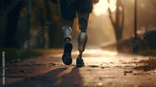 Low angle view of a young man with bionic prostheses on both legs walking through the park against the backdrop of sunset in the golden hour. AI generated.