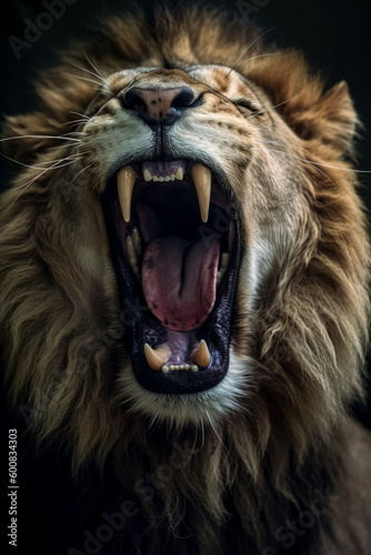 A lion is roaring in full force with his mouth opened. Generative Ai. 
