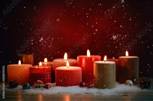 Burning candle and Christmas decoration over snow and wooden background. Generative Ai.